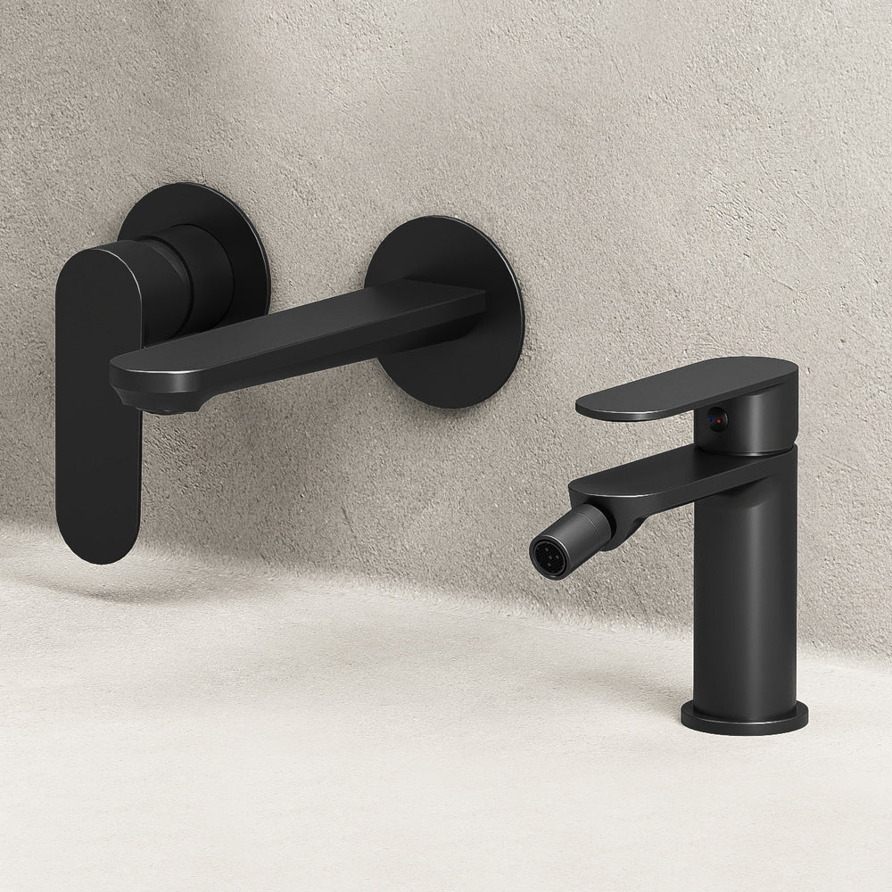Set Miscelatori Lavabo a Parete e Bidet Con Piletta Click Clack Nero - Neptune