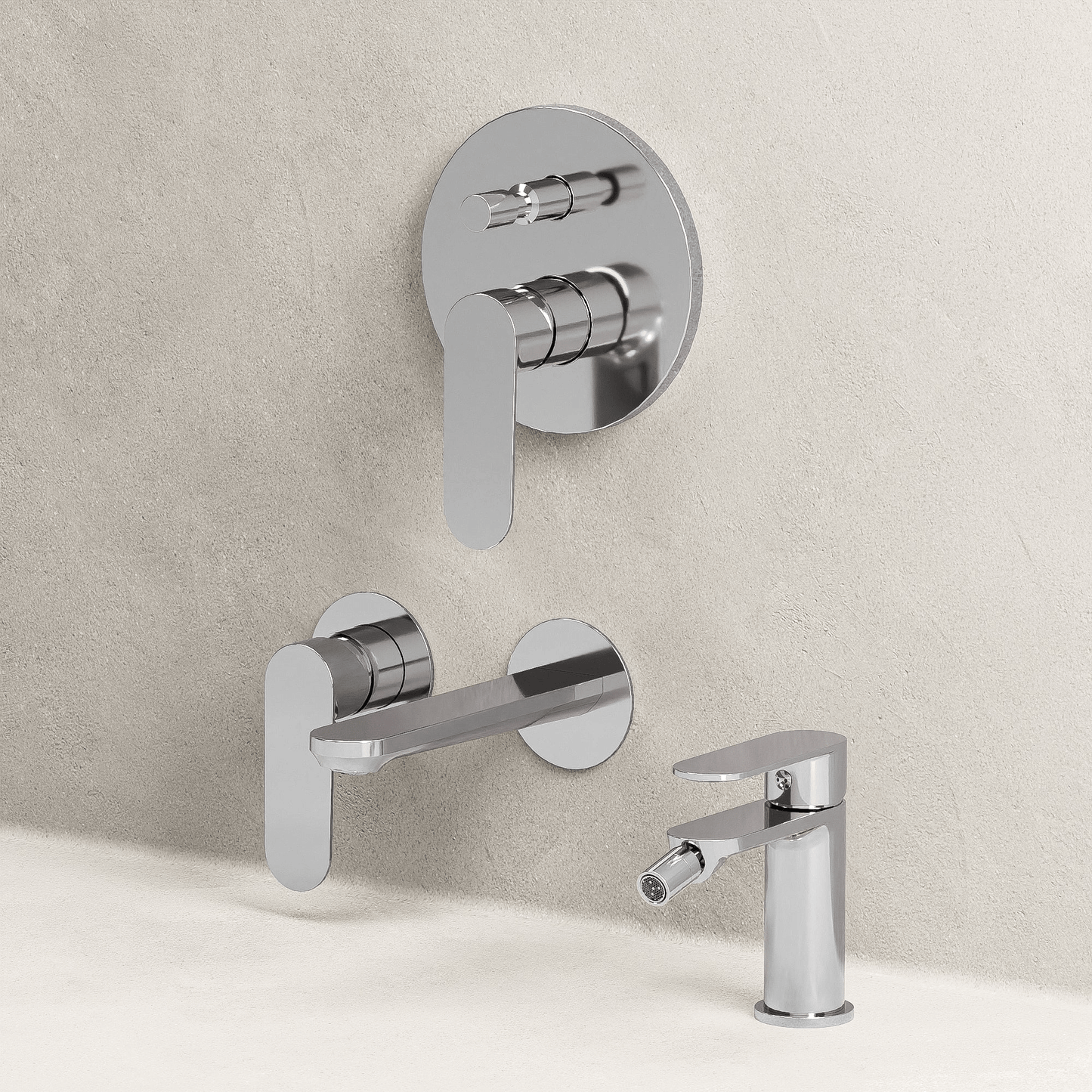 Set Miscelatori Lavabo a Parete Bidet e Doccia c/Deviatore Con Piletta Click Clack Cromo - Neptune
