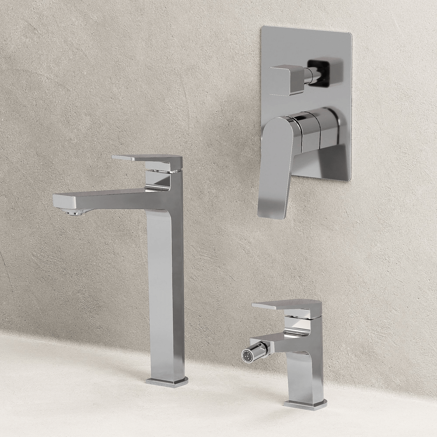 Set Rubinetteria Lavabo Alto Bidet e Doccia Con Deviatore Con Piletta Click Clack Cromo - Sun