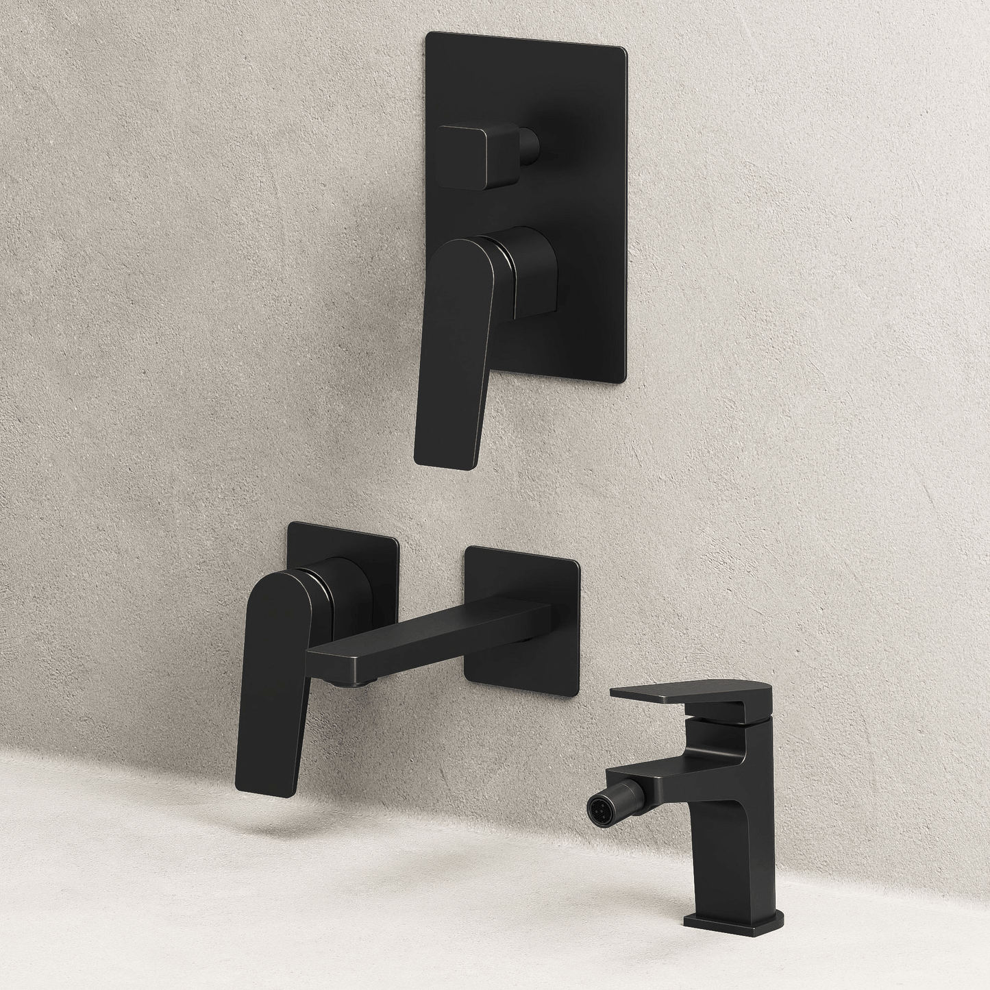 Set Miscelatori Lavabo a Parete Bidet e Doccia c/Deviatore Con Piletta Click Clack Nero - Sun