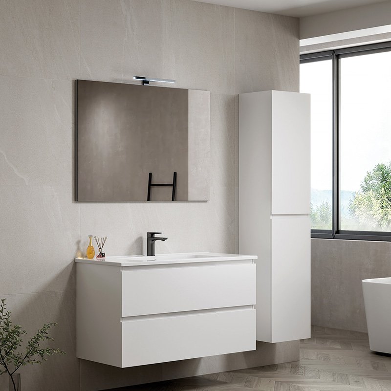 Mobile Bagno Sospeso 80 cm White con Specchio con Lampada Led Lisbona – Spazio