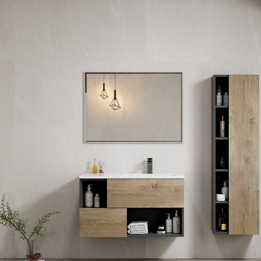 Mobile Bagno Sospeso 90 cm Olmo Miele con Specchio con Lampada Led Milano – Spazio (25674968)