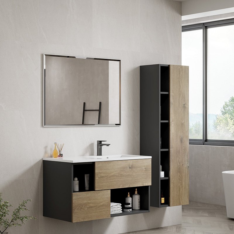 Mobile Bagno Sospeso 90 cm Olmo Miele con Specchio con Lampada Led Milano – Spazio (25674969)
