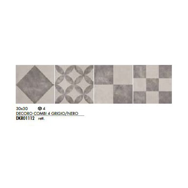 Gres Porcellanato Effetto Cemento Rettificato Naturale 30x30 8.5mm Decoro Combi Grigio/Nero Docks - ABK