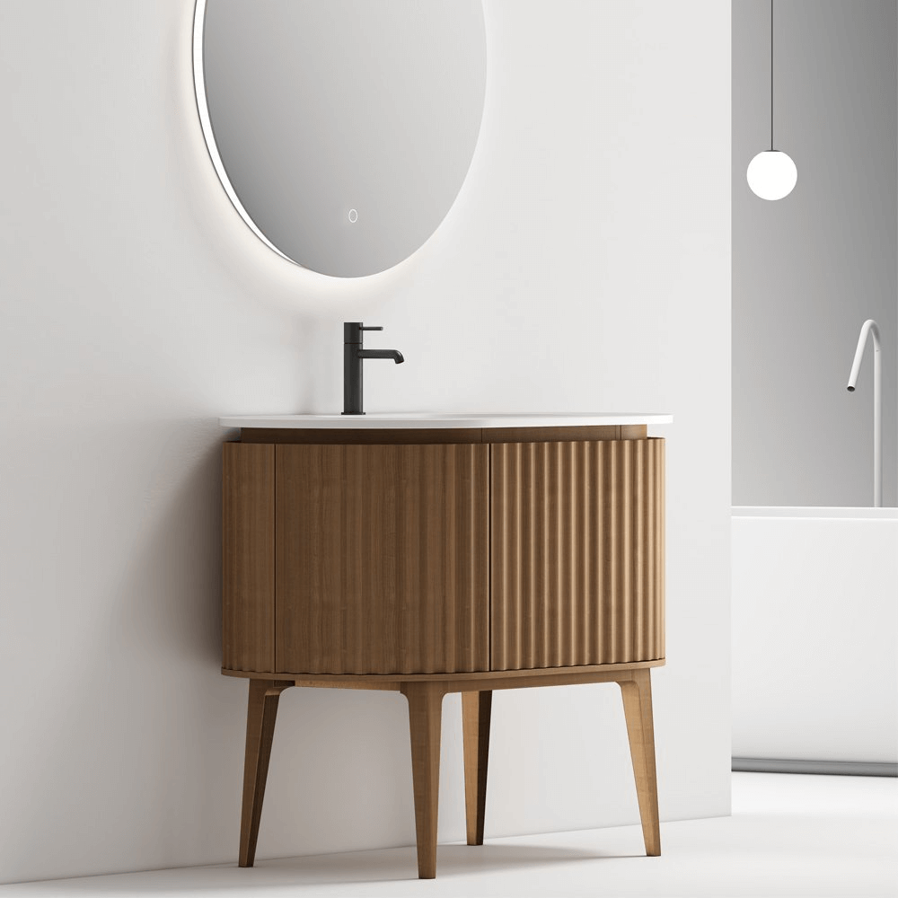 Mobile Bagno 100 cm A Terra Rovere Scuro Specchio Tondo - Reid