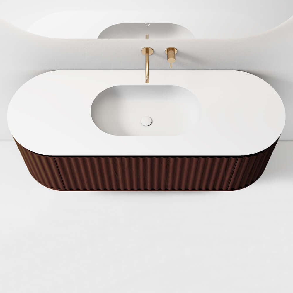 Mobile Bagno 140 cm A Terra Rovere Scuro Specchio Ovale Retroilluminato - Reid