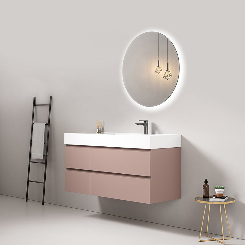 Mobile bagno sospeso 120 cm Rosa Retro Lavabo a Destra in Resina Specchio Tondo Retroilluminato - Fiji Paint