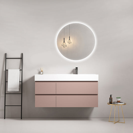 Mobile bagno sospeso 120 cm Rosa Retro Lavabo a Destra in Resina Specchio Tondo Retroilluminato - Fiji Paint