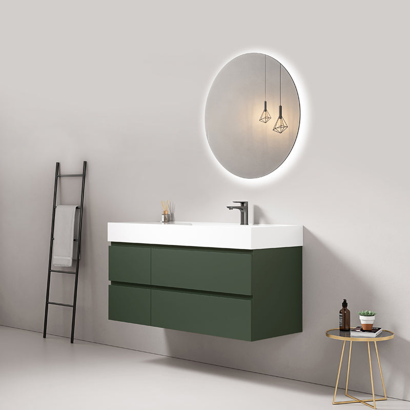Mobile bagno sospeso 120 cm Verde Comodoro Lavabo a Destra in Resina Specchio Tondo Retroilluminato - Fiji Paint