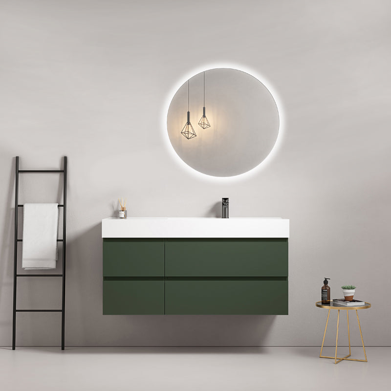 Mobile bagno sospeso 120 cm Verde Comodoro Lavabo a Destra in Resina Specchio Tondo Retroilluminato - Fiji Paint