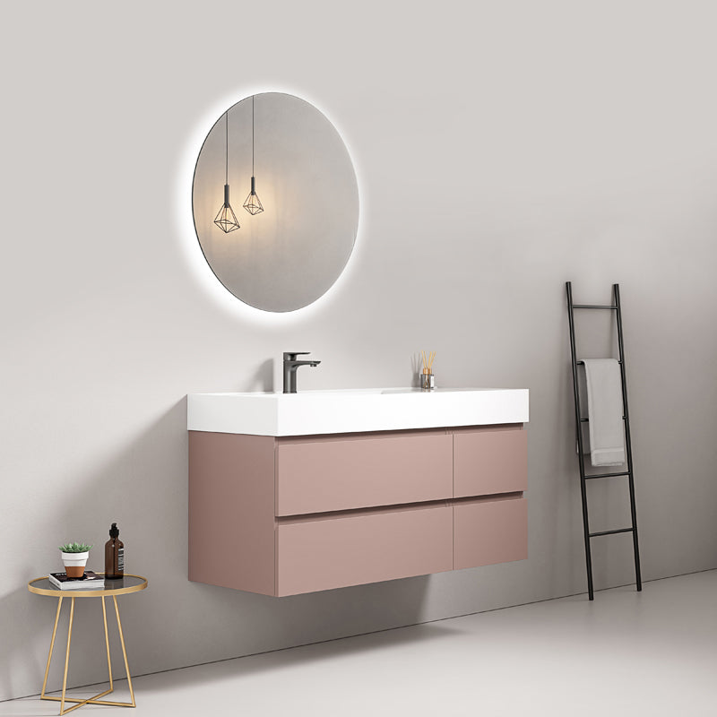 Mobile bagno sospeso 120 cm Rosa Retro Lavabo a Sinistra in Resina Specchio Tondo Retroilluminato - Fiji Paint