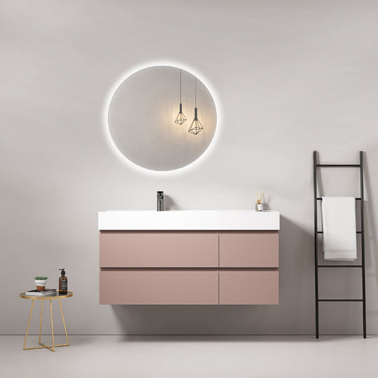 Mobile bagno sospeso 120 cm Rosa Retro Lavabo a Sinistra in Resina Specchio Tondo Retroilluminato - Fiji Paint