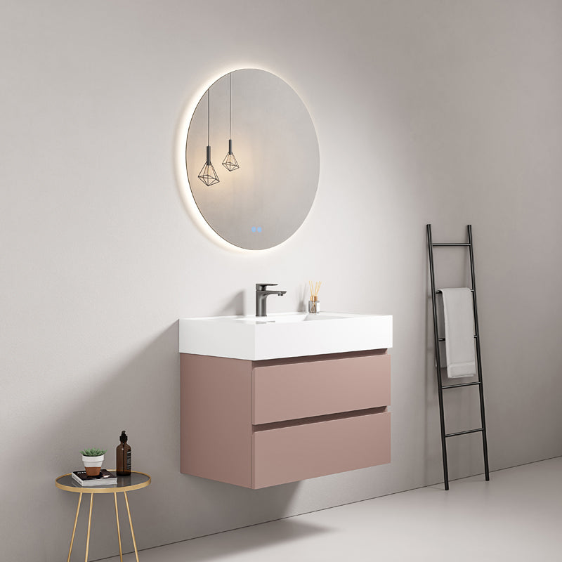 Mobile bagno sospeso 100 cm Rosa Retro Lavabo in Resina Specchio Tondo Retroilluminato - Fiji Paint