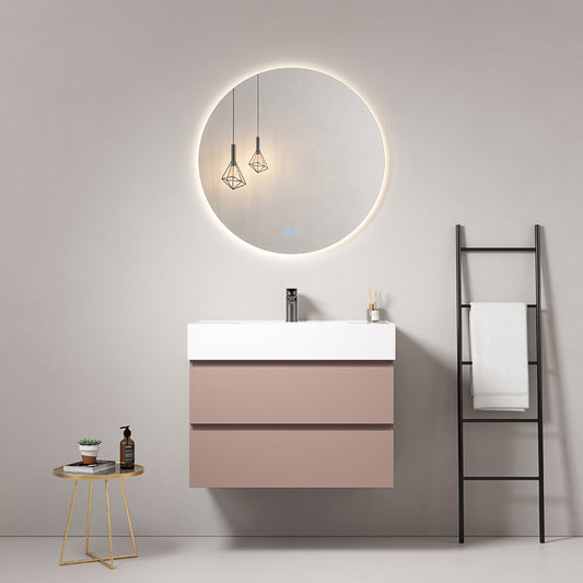 Mobile bagno sospeso 100 cm Rosa Retro Lavabo in Resina Specchio Tondo Retroilluminato - Fiji Paint