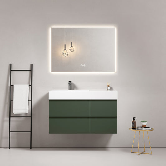 Mobile bagno sospeso 100 cm Verde Comodoro Lavabo a Sinistra in Resina Specchio Quadro Retroilluminato - Fiji Paint