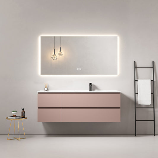 Mobile bagno sospeso 140 cm Rosa Retro Lavabo a Destra in Resina Specchio Quadro Retroilluminato - Fiji Paint