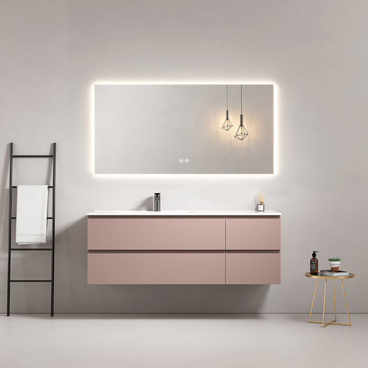 Mobile bagno sospeso 140 cm Rosa Retro Lavabo a Sinistra in Resina Specchio Quadro Retroilluminato - Fiji Paint