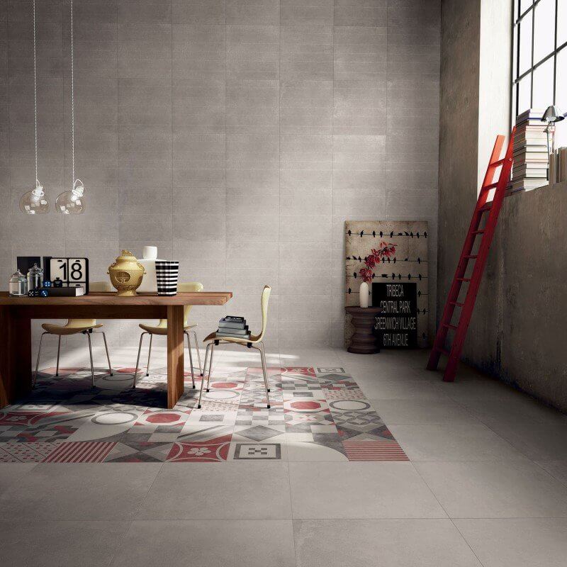Gres Porcellanato Effetto Cemento Rettificato Naturale 30x30 8.5mm Decoro Combi Grigio/Rosso Docks - ABK