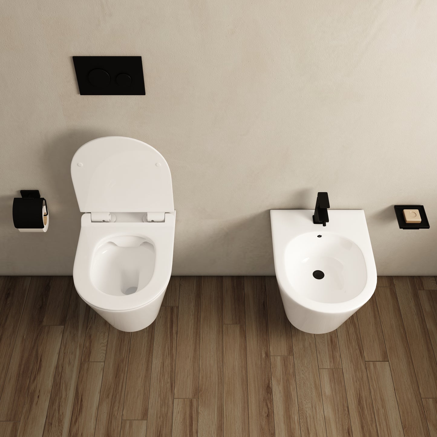 Coppia Sanitari Sospesi Senza Brida e Sedile Soft-Close Bianco Lucido Smeraldo - Meda