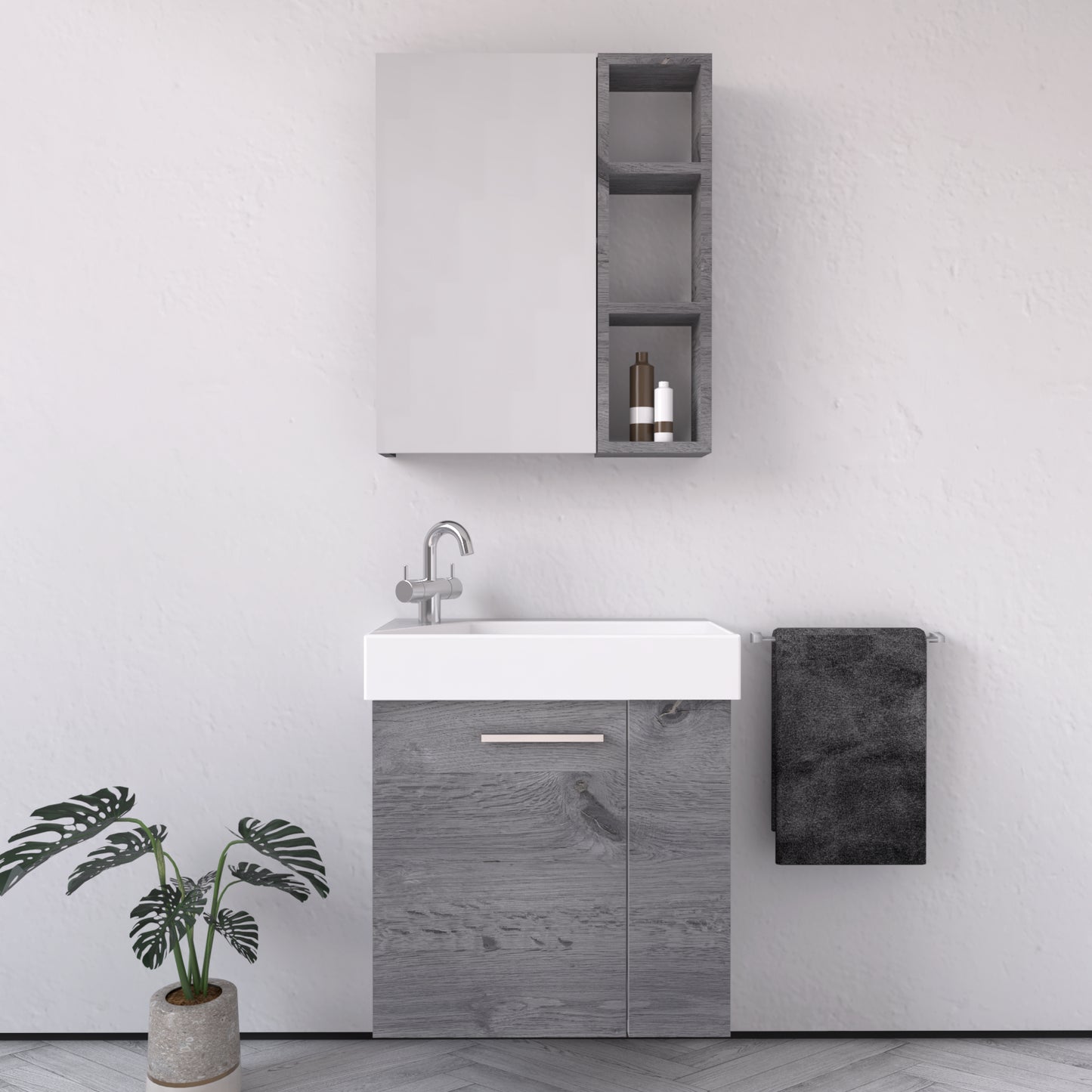 Mobile Bagno Sospeso 55 cm Rovere Grigio con Specchio Contenitore Trend - Spazio (25689204)