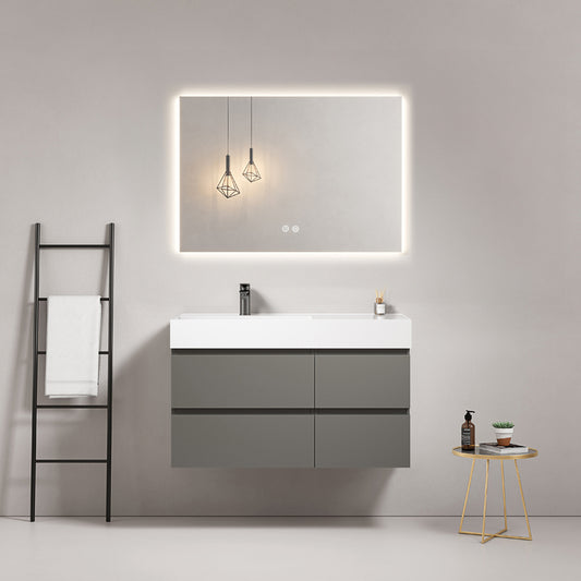 Mobile bagno sospeso 100 cm Grigio Londra Lavabo a Sinistra in Resina Specchio Quadro Retroilluminato - Fiji Paint