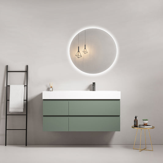 Mobile bagno sospeso 120 cm Verde Salvia Lavabo a Destra in Resina Specchio Tondo Retroilluminato - Fiji Paint