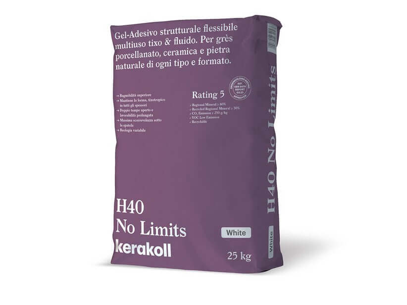 H40 Colla Gel Bianco 25 kg by Kerakoll, flexible adhesive for ceramics and natural stone, in a modern packaging design.