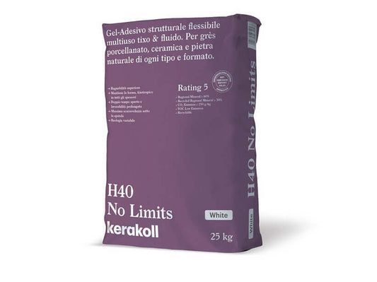 H40 Colla Gel Bianco 25 kg by Kerakoll, flexible adhesive for ceramics and natural stone, in a modern packaging design.