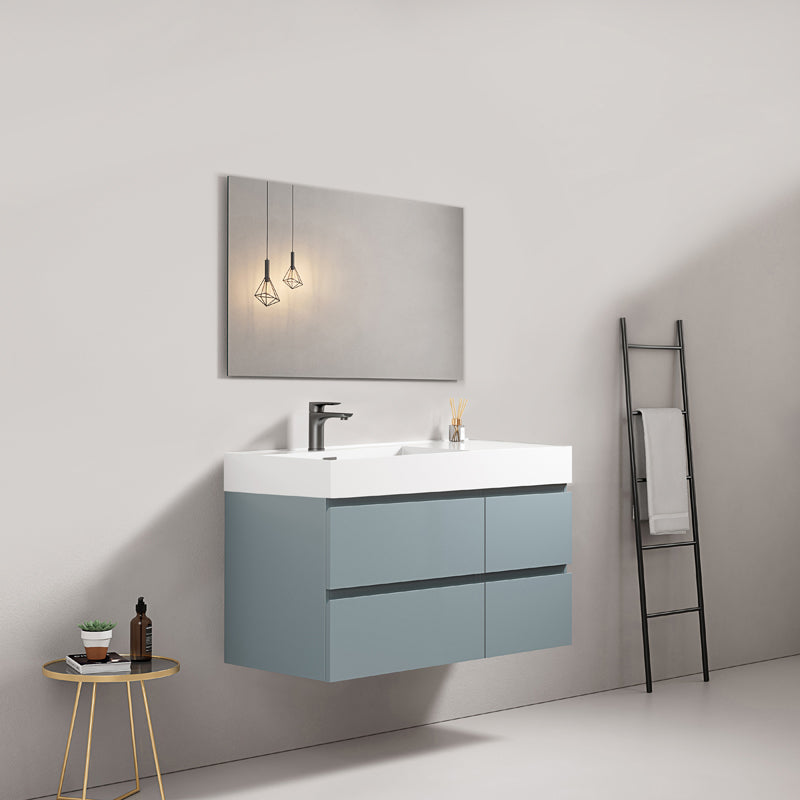 Bathroom Cabinet Wall-hung 100 cm Avio Blue Left-hand Sink in Resin Square Mirror - Fiji Paint