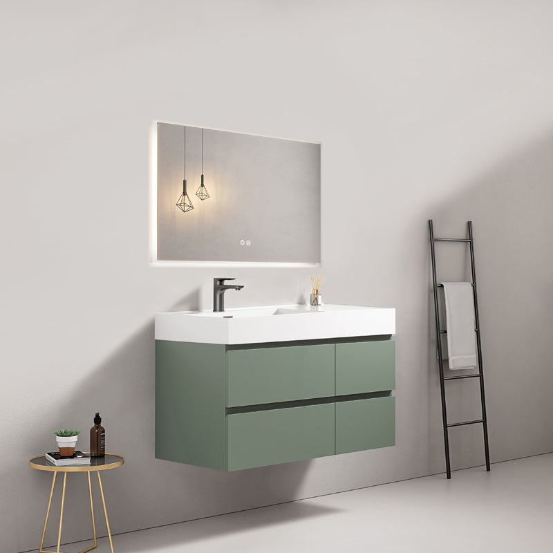 Mobile bagno sospeso 100 cm Verde Salvia Lavabo a Sinistra in Resina Specchio Quadro Retroilluminato - Fiji Paint