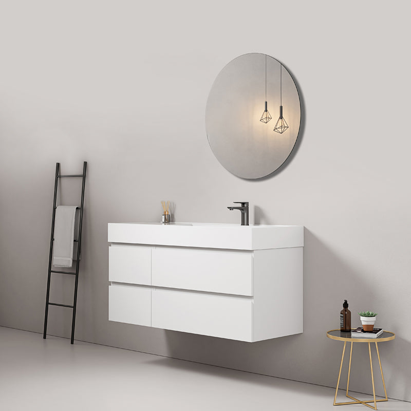 Mobile bagno sospeso 120 cm Bianco Lavabo a Destra in Resina Specchio Tondo - Fiji Paint
