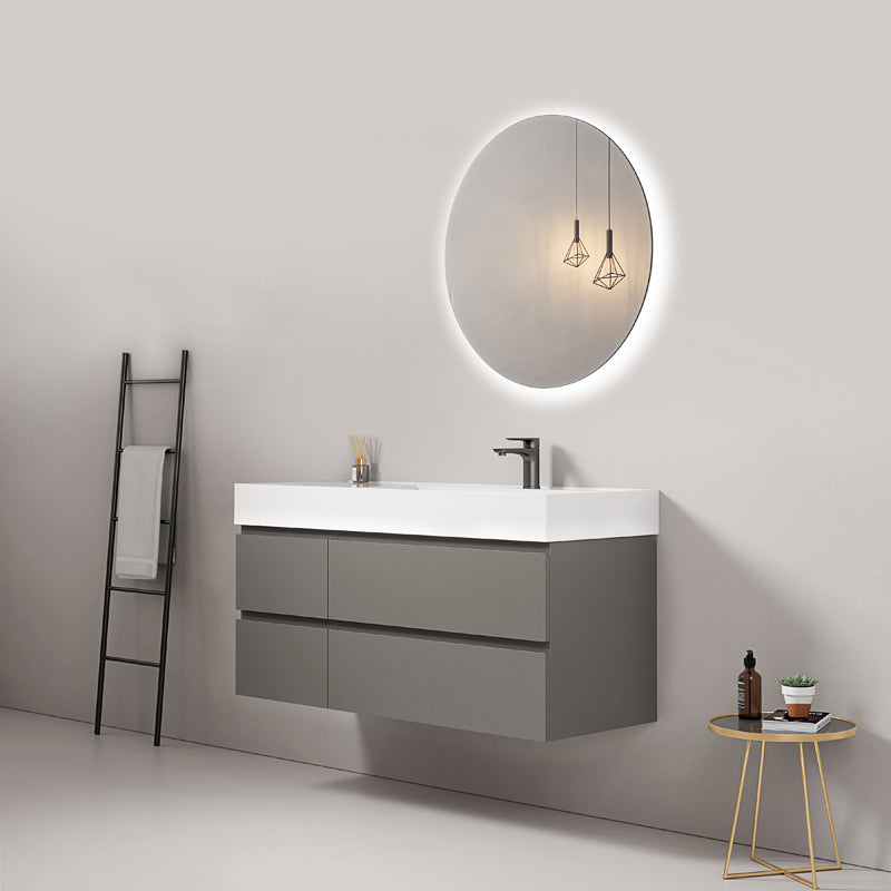 Mobile bagno sospeso 120 cm Grigio Londra Lavabo a Destra in Resina Specchio Tondo Retroilluminato - Fiji Paint