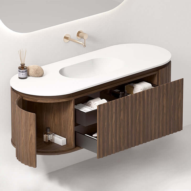 Mobile Bagno 140 cm Sospeso Rovere Scuro Sospeso Specchio Ovale Retroilluminato - Reid
