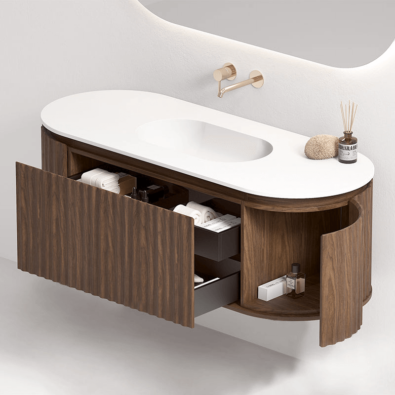 Mobile Bagno 140 cm Sospeso Rovere Scuro Sospeso Specchio Ovale Retroilluminato - Reid