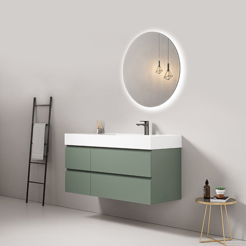Mobile bagno sospeso 120 cm Verde Salvia Lavabo a Destra in Resina Specchio Tondo Retroilluminato - Fiji Paint