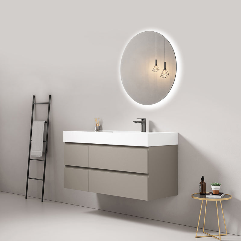 Mobile bagno sospeso 120 cm Grigio Cenere Lavabo a Destra in Resina Specchio Tondo Retroilluminato - Fiji Paint