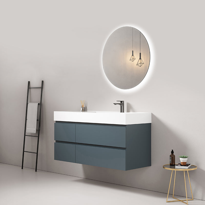 Mobile bagno sospeso 120 cm Blu Mare Lavabo a Destra in Resina Specchio Tondo Retroilluminato - Fiji Paint