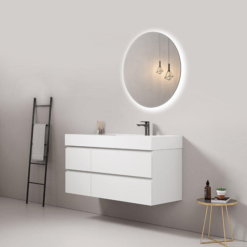 Mobile bagno sospeso 120 cm Bianco Lavabo a Destra in Resina Specchio Tondo Retroilluminato - Fiji Paint