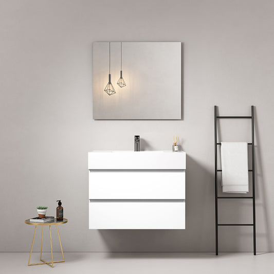Mobile bagno sospeso 100 cm Bianco Lavabo in Resina Specchio Quadro - Fiji Paint
