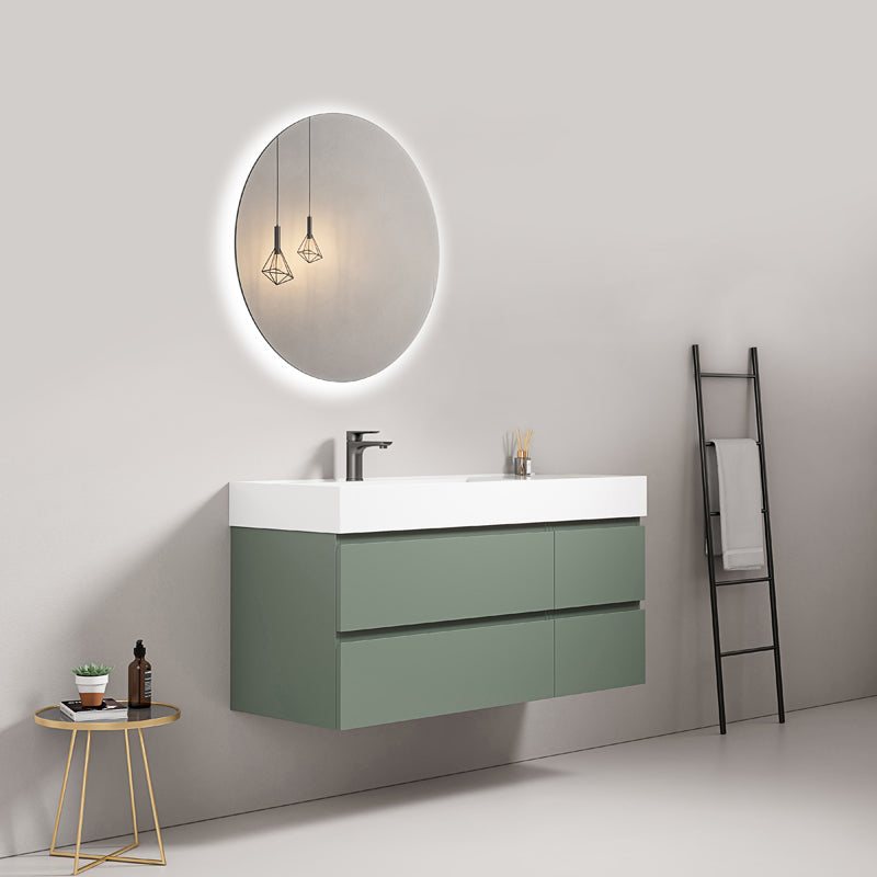 Mobile bagno sospeso 120 cm Verde Salvia Lavabo a Sinistra in Resina Specchio Tondo Retroilluminato - Fiji Paint