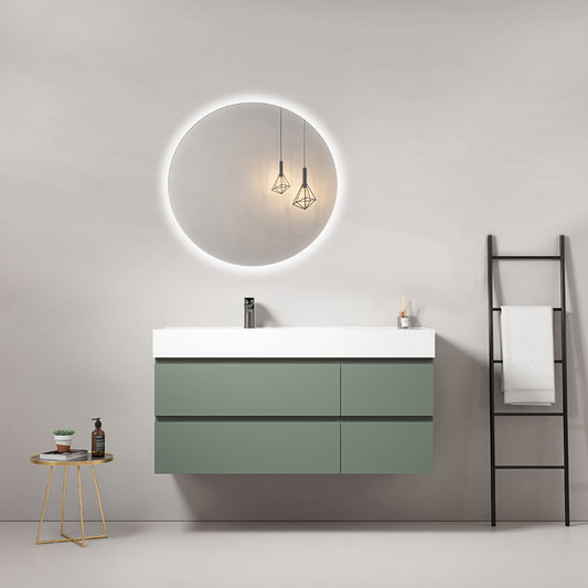 Mobile bagno sospeso 120 cm Verde Salvia Lavabo a Sinistra in Resina Specchio Tondo Retroilluminato - Fiji Paint