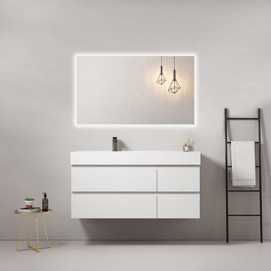 Mobile bagno sospeso 120 cm Bianco Lavabo a Sinistra in Resina Specchio Quadro Retroilluminato - Fiji Paint