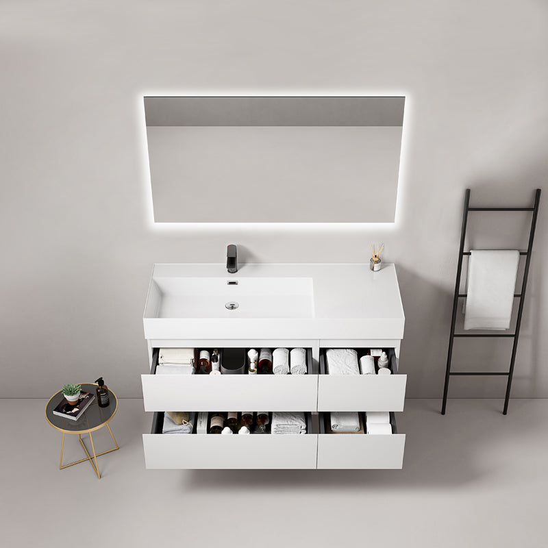 Mobile bagno sospeso 120 cm Bianco Lavabo a Sinistra in Resina Specchio Quadro Retroilluminato - Fiji Paint