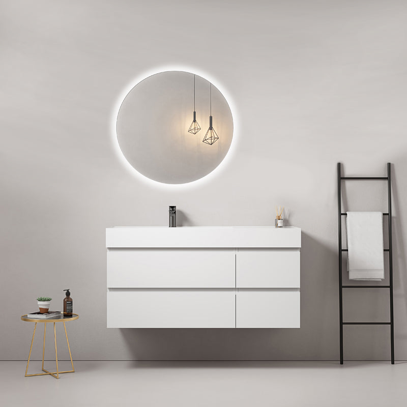 Mobile bagno sospeso 120 cm Bianco Lavabo a Sinistra in Resina Specchio Tondo Retroilluminato - Fiji Paint