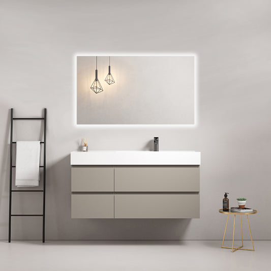 Mobile bagno sospeso 120 cm Grigio Cenere Lavabo a Destra in Resina Specchio Quadro Retroilluminato - Fiji Paint