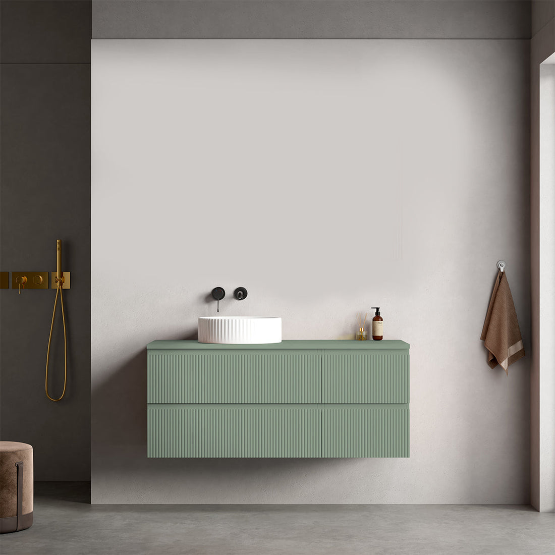 Mobile bagno sospeso cannettato 80 cm Blu Mare per Lavabo d'appoggio Specchio Tondo - Fiji Paint Top Canneté