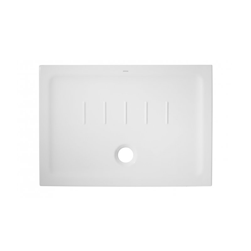 Piano doccia bianco progettato per il benessere in doccia, con linee semplici e foro per drenaggio.