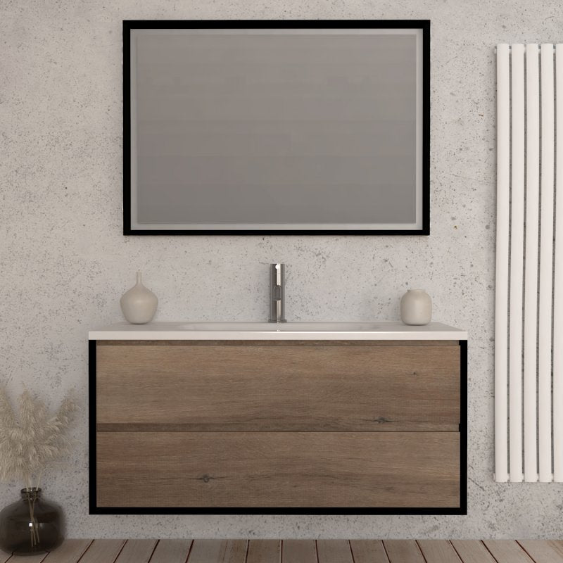 Arredobagno elegante con un mobile da bagno sospeso, lavabo moderno e specchio, ideale per un restyling arredobagno elegante.