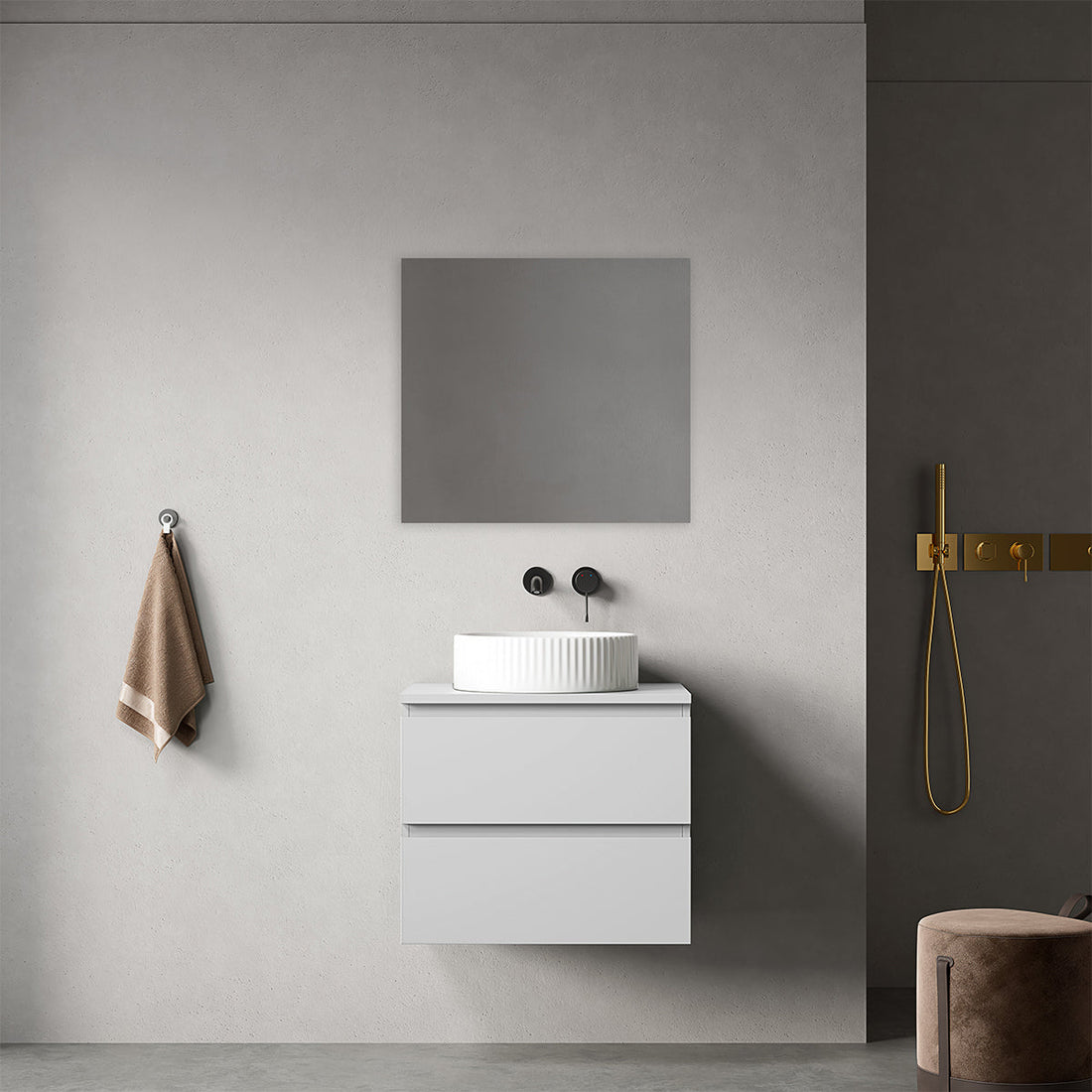 Mobile bagno sospeso cannettato 100 cm Blu Avio per Lavabo d'appoggio Specchio Tondo Retroilluminato - Fiji Paint Top Canneté
