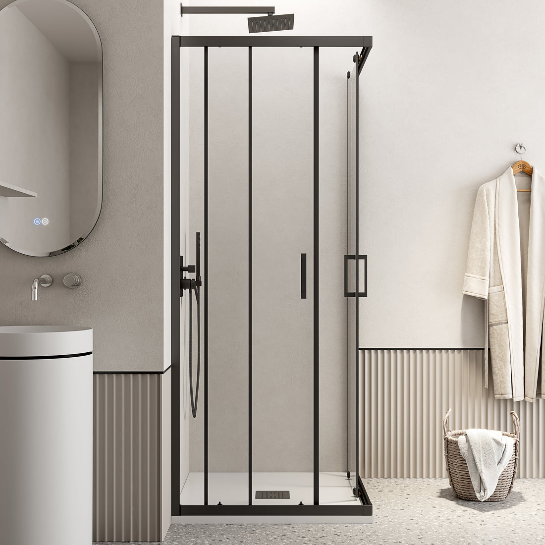 Regimi di doccia per il benessere, elegante cabina doccia moderna in ambiente minimalista.